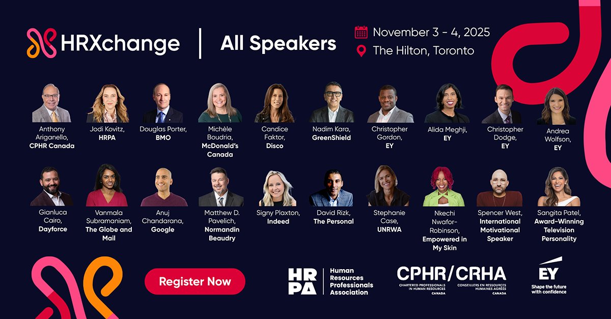 Don’t miss the incredible speakers and bold conversations at #HRXchange2025 — co-hosted by the HRPA and CPHR Canada, with Title Sponsor EY.
📅 Nov 3–4 | 📍 Toronto
🔗 Register now: hubs.la/Q03NWQVf0