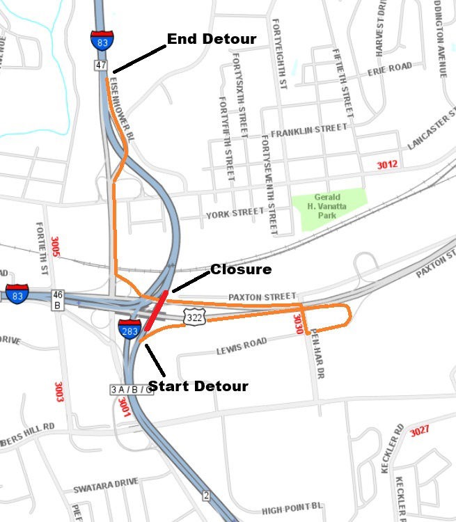 TCRPC's tweet image. Deck Repairs Planned on I-283 Bridge to NB I-83 in #DauphinCounty on Saturday and Sunday, 10/25-26. A detour will be in place sbee.link/dpjyr8mxtw