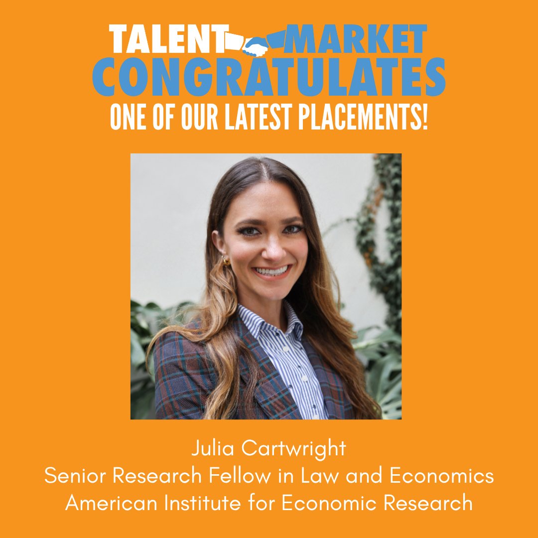 TalentMarket's tweet image. Congrats to Talent Market placement, Julia Cartwright, who recently started her new role as Senior Research Fellow in Law and Economics at @aier! 🎉 #talentmarketplacement #libertyjob