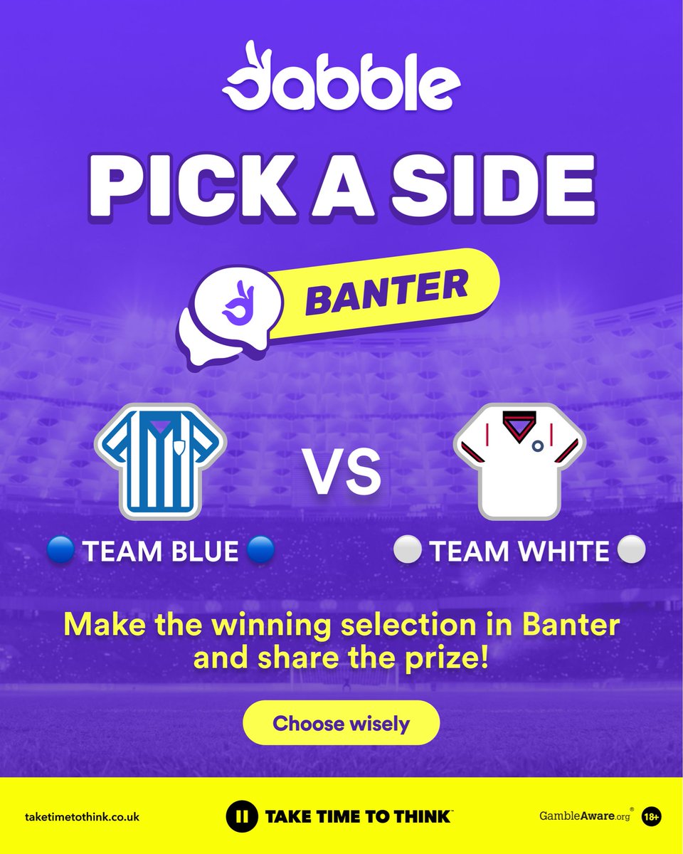 dabblecouk's tweet image. Pick a Side returns tonight with a League One clash!
Head to the Banter Chat to cast your vote either 🔵 or ⚪️
You backing Huddersfield or Bolton??
Choose wisely!
18+. GambleAware.org