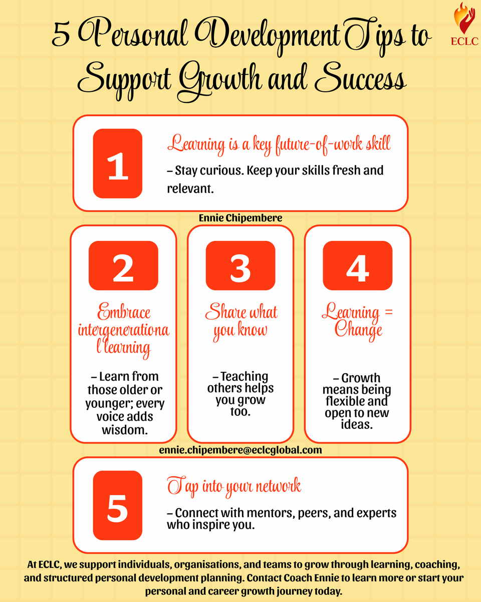 Personal Development is a lifelong investment; the more you grow, the more you thrive.

🎯Here are 5 powerful tips to guide your growth this week:

1. Learning is a key #futureofwork skill. Keep evolving to stay ready for what’s next.
2. Embrace intergenerational learning.