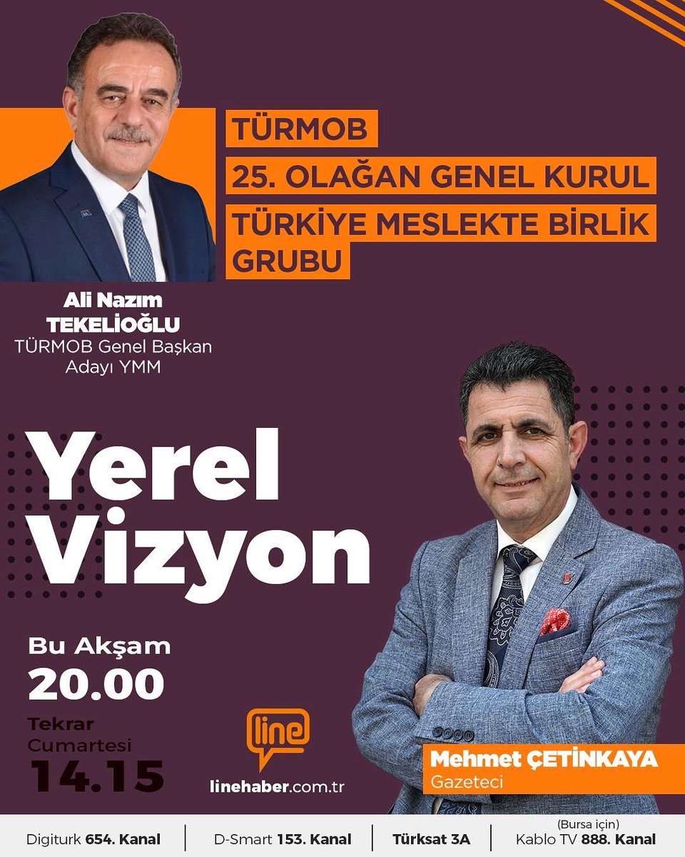 Türkiye Meslekte Birlik Grubu TÜRMOB Başkan Adayı Ali Nazım TEKELİOĞLU, 16 Ekim 2025 Perşembe (bugün) saat 20:00’de,LineTV’de Mehmet Çetinkaya’nın hazırlayıp sunduğu Yerel Vizyon programına konuk olarak #türmob seçim çalışmaları ve projeleri hakkında değerlendirmelerde bulunacak.