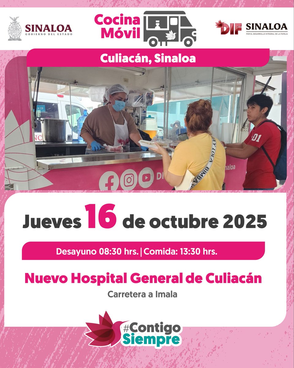 La cocina móvil de DIF Sinaloa hoy llevará alimento caliente al Hospital General IMSS Bienestar en Culiacán. 

Desayuno a las 08:00 h.
Comida a las 13:30 h.

#DIFSinaloaContigoSiempre