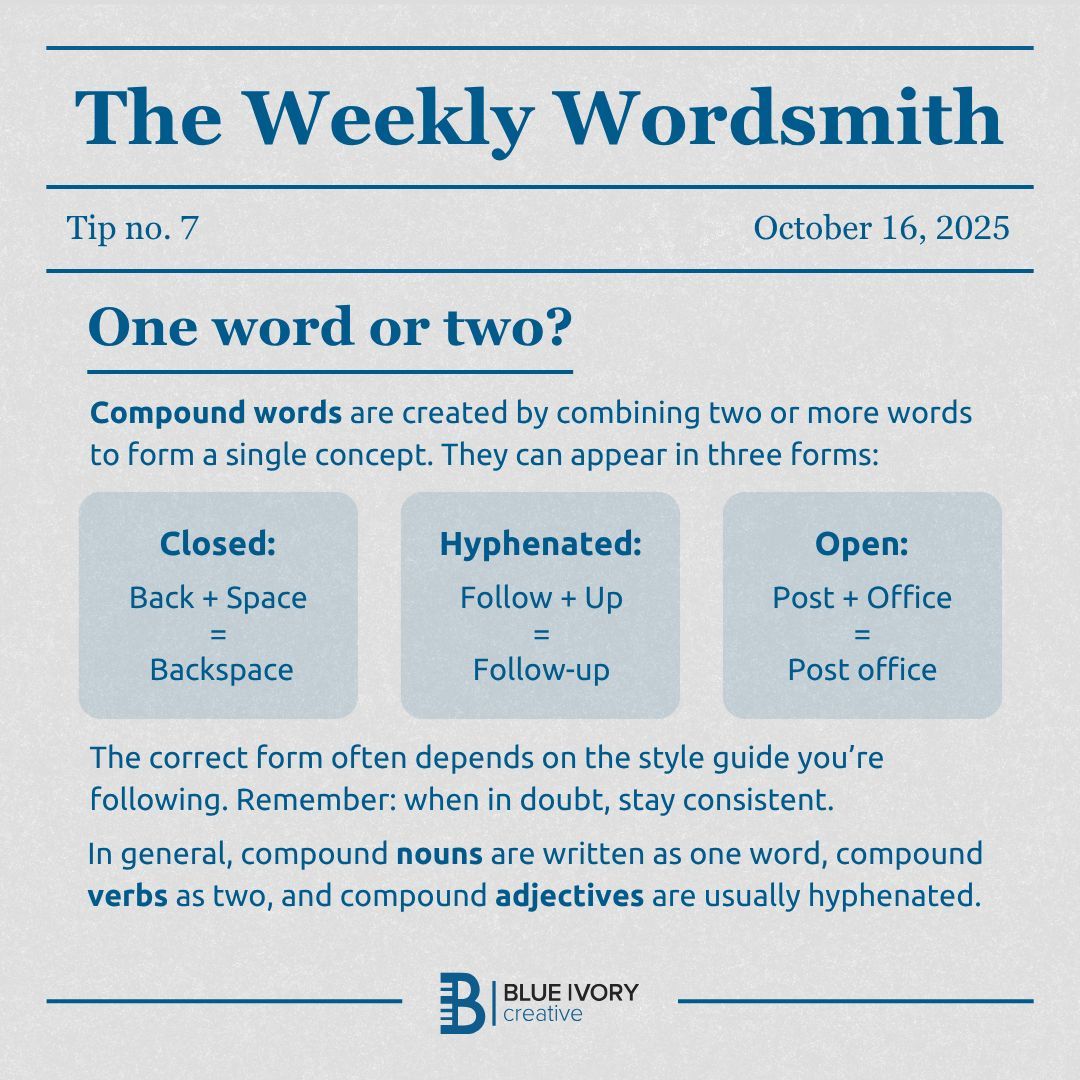 BIvoryCreative's tweet image. Is it “follow-up,” “follow up,” or “followup”? 😅 Compound words can get… complicated. This week’s #WeeklyWordsmith breaks down the difference between closed, hyphenated, and open compounds—so your words work together the right way. 📝