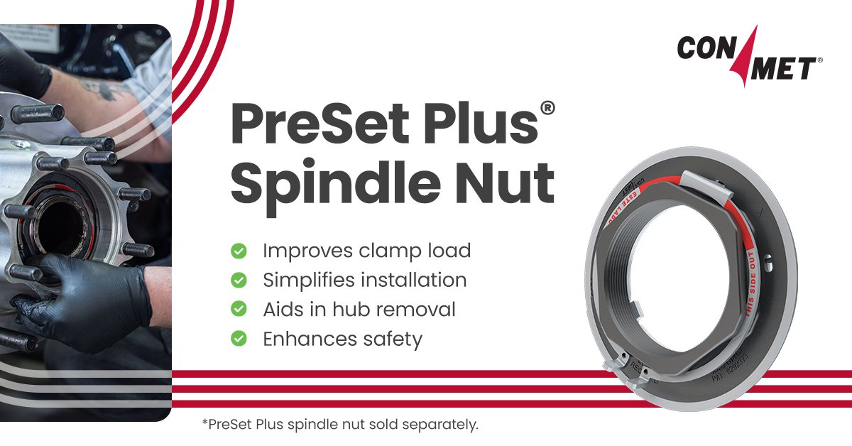 ConMet's tweet photo. When you choose to replace instead of rebuild, details matter. The #PreSetPlus   spindle nut improves clamp load, simplifies installation, aids in hub   removal, and enhances safety for consistent, repeatable performance.

PreSet Plus spindle nut sold separately.
#ConMet #PreSet https://t.co/YKF5k6VII8