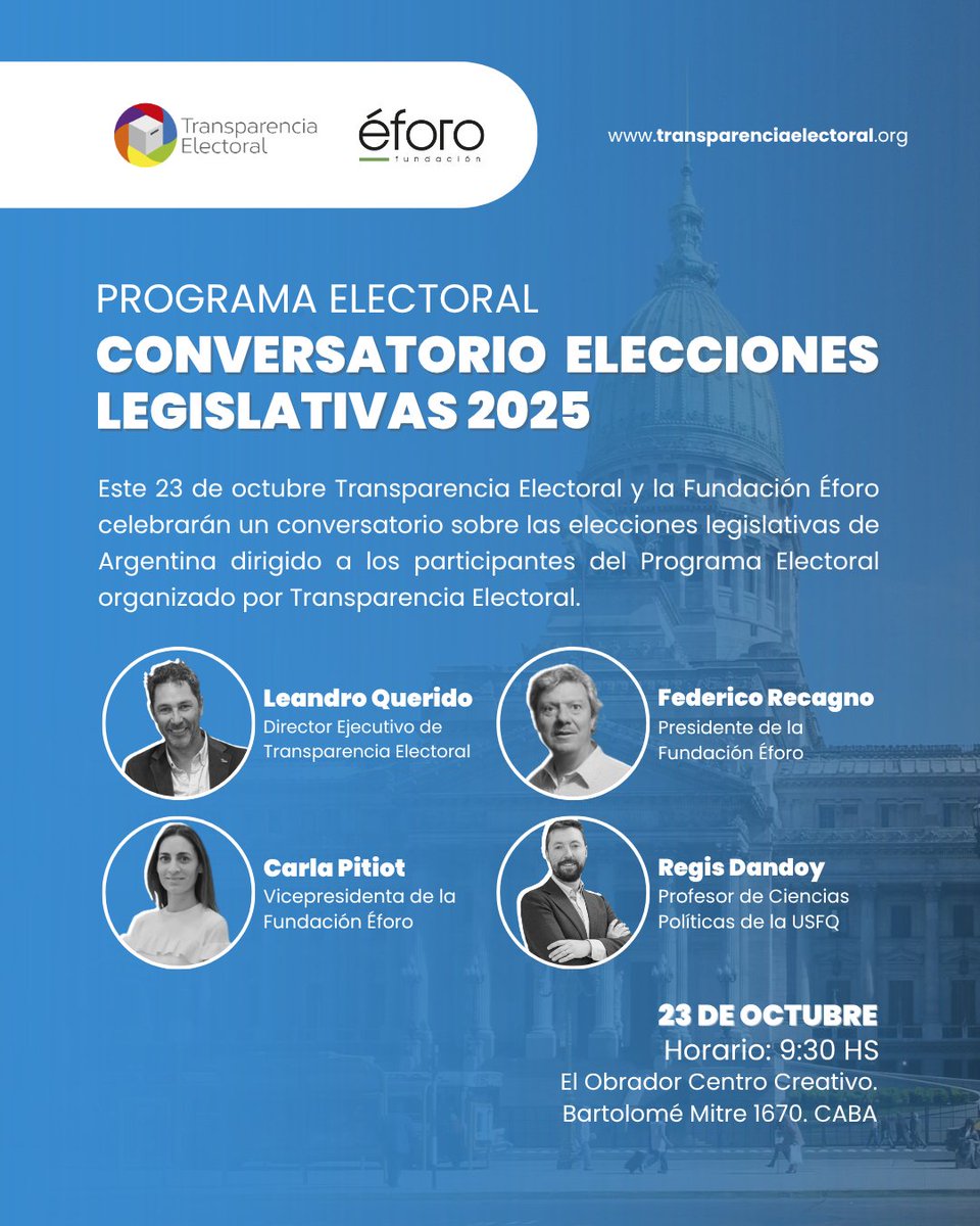 🇦🇷🗳️| Conversatorio Elecciones Legislativas 2025

Transparencia Electoral y <a href="/FundacionEforo/">Fundación Éforo</a> brindarán un conversatorio sobre las elecciones legislativas de Argentina dirigido a los participantes de nuestro Programa Electoral. 

Exponen: 
✅ <a href="/leandroquerido/">Leandro Querido</a> - Director de