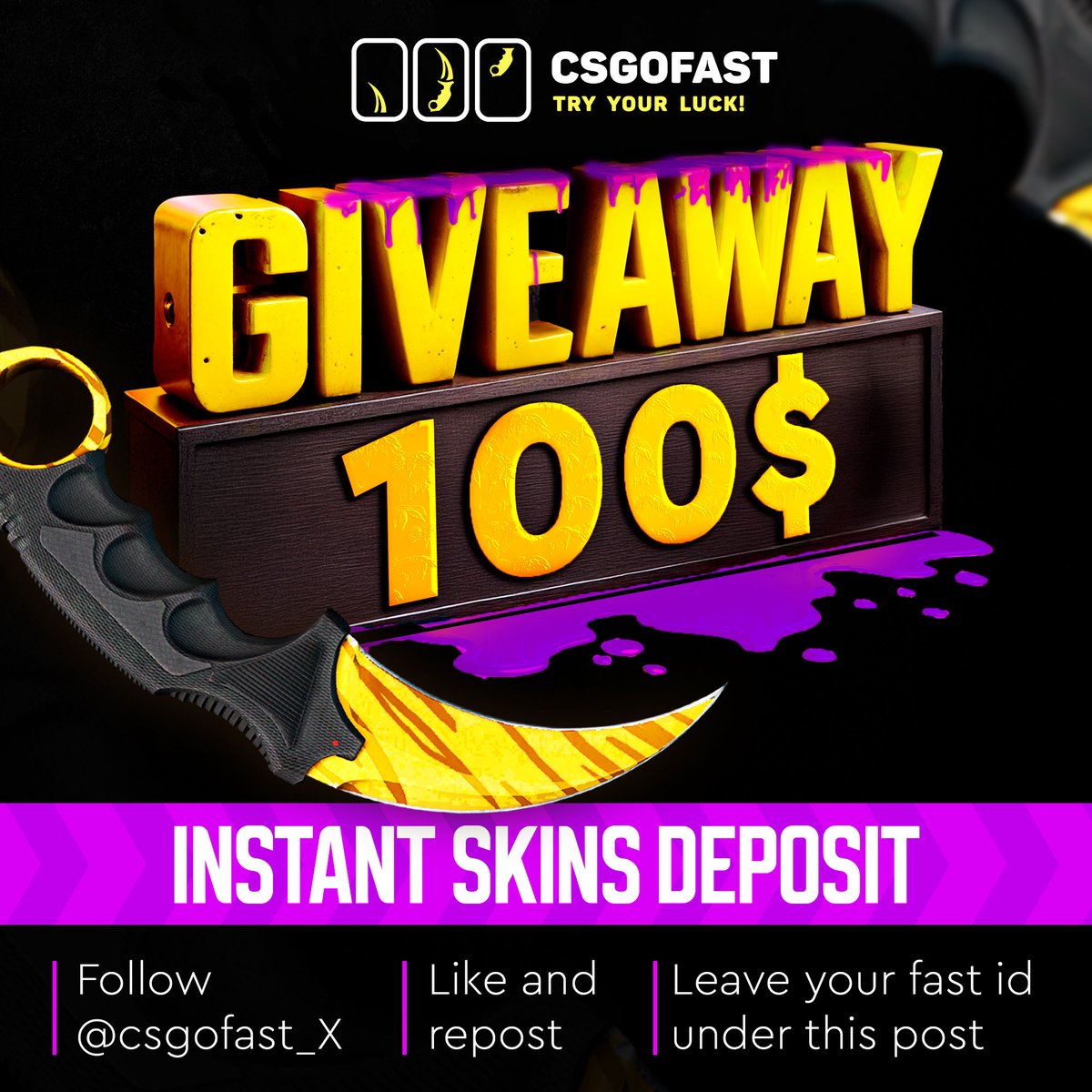 csgofast_x's tweet image. ⚡️This is a $100 GIVEAWAY!⚡️

👉To enter:
✅Follow
✅Retweet
✅Tag 2 Friends
✅Like 3 last posts
✅Write a Fast ID

Results on October 19th!🍀