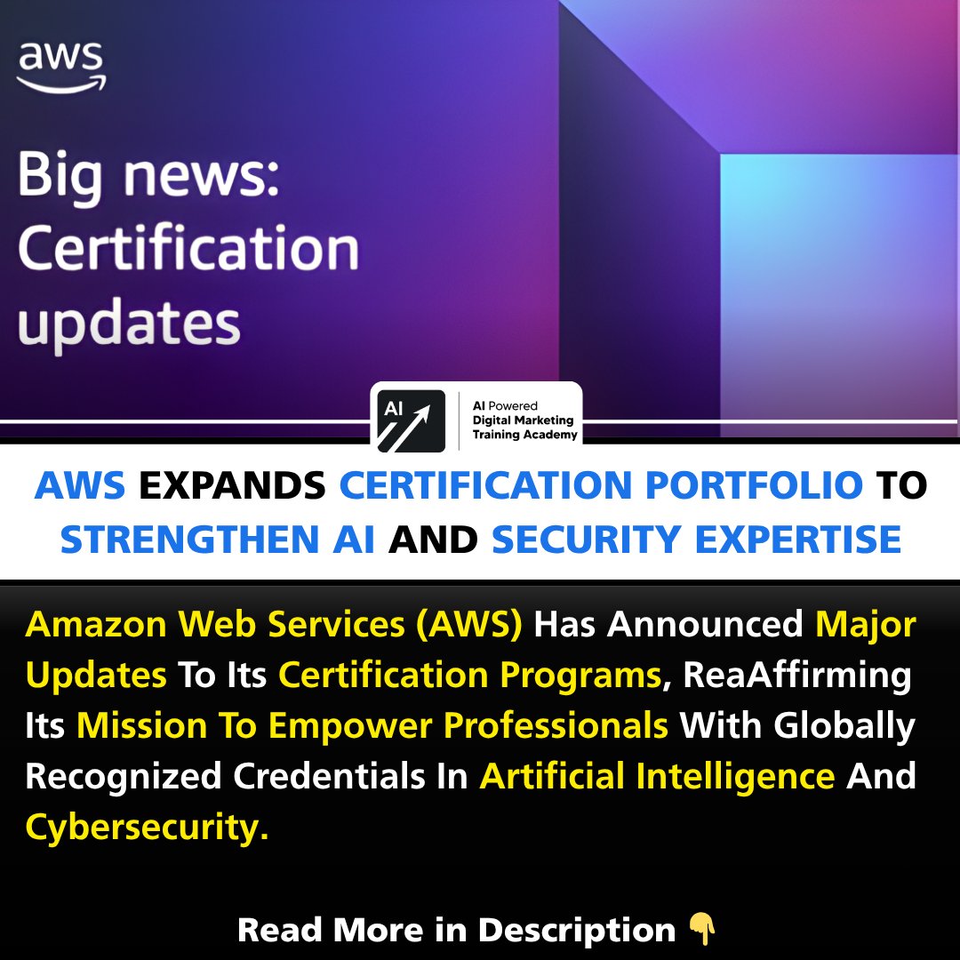AIPDMA_Official's tweet image. AWS expands its certification portfolio with new AI &amp;amp; Cybersecurity tracks!  Master ML &amp;amp; AI tools.  Enhance cloud security skills. Globally recognized credentials to boost your tech career. 

#AWS #AICertification #Cybersecurity