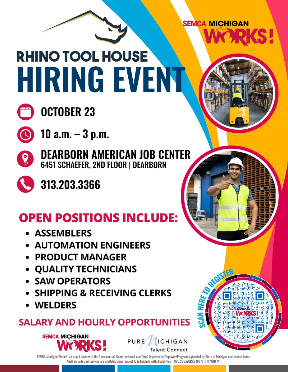 Start your career in manufacturing or engineering with Rhino Tool House! 🔧

REGISTER TODAY 👉 SEMCAMiWorks.org/rhino-tool-hou…
Walk-ins welcome!

📅 October 23 | 10 a.m.—3 p.m.
📍 6451 Schaefer Rd, 2nd Floor | Dearborn
☎️  313.203.3366

#TheWayToWork #DearbornJobs