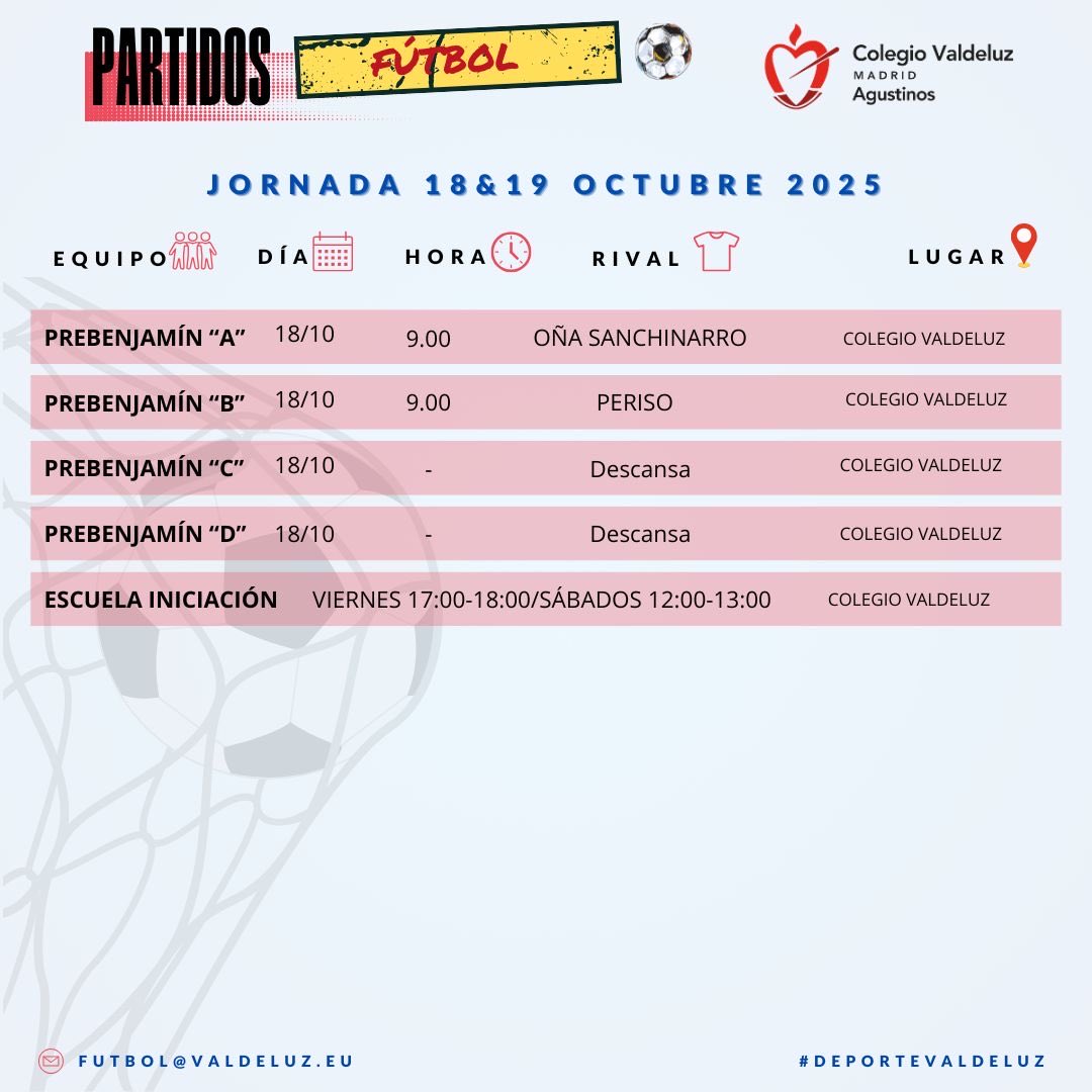 ⚽️⚽️ Partidos de #fútbol del 18 y el 19 de octubre. <a href="/DeporteValdeluz/">Deportes Colegio Valdeluz</a>