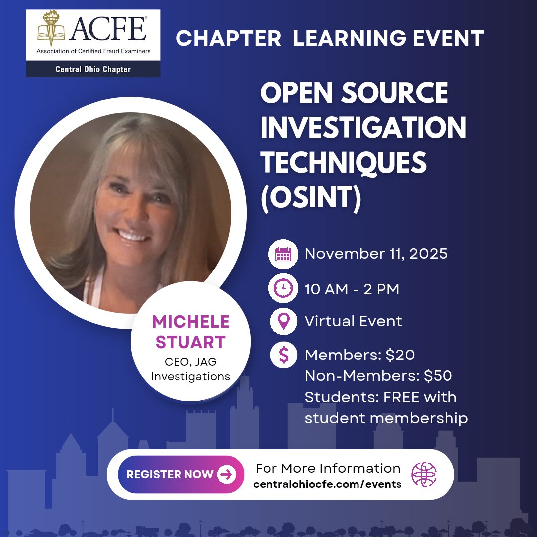 Join us Nov. 11 for Open Source Investigation Techniques with expert Michele Stuart! 🔍 Learn to use public info to uncover leads, verify facts &amp; fight fraud.

Register now: centralohiocfe.com/event-6382430

#COACFE #CentralOhioCFE #ACFE #AntiFraud #CFE #FraudInvestigation #OSINT