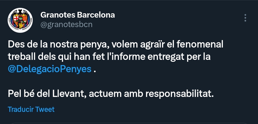 Volem agrair la cantitat de missatges de suport. També a la prensa, en especial a <a href="/SinTreguaRadio/">Sin Tregua Oficial</a> <a href="/ismaelete/">Ismael Algarra</a>. Hi havia una responsabilitat, defendre i protegir l'escut. Gràcies per estos 2 anys, eternament agraïts <a href="/Elfosx/">RAMON PASCUAL ESCOLANO LLORENS</a> <a href="/lizondo_pedro/">Pedro Lizondo</a> <a href="/guillerothvlc/">Guillermo Roth</a> <a href="/JoseMocholi/">Jose Mocholi 💯+10</a> <a href="/xus_garcia/">Jesús</a>.