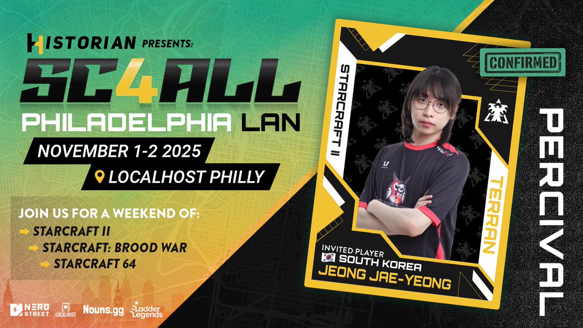 SC2Historian's tweet photo. We are elated to have the exciting young Korean Terran, Percival joining the ranks at SC4ALL! Nov 1-2 some of the world’s finest SC2 pros will be battling it out in Philadelphia, Come Join Us! #SC4YOU #SC4ME #SC4ALL https://t.co/Ncw2iMG57Y