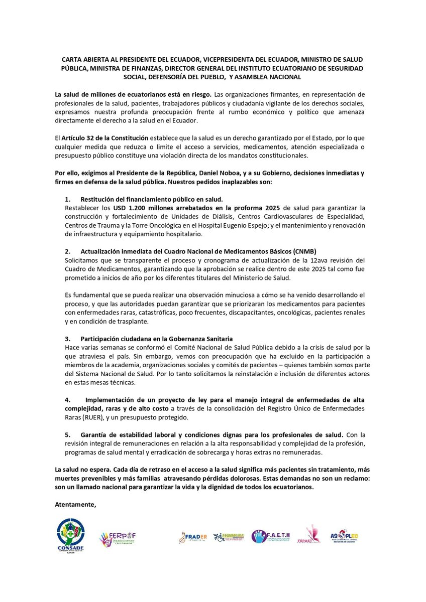ⒻⒺⓇⓅⓄⒻ (@ferpof1) on Twitter photo La salud del Ecuador se desangra. 🩸
Pacientes, médicos y familias enteras vivimos la angustia de no tener medicinas, atención ni respuestas. 👩🏻🔬🧑🏻🦽👩🏻🦯
Exigimos al Presidente <a href="/DanielNoboaOk/">Daniel Noboa Azin</a> y su Gobierno:
✅ Restituir los $1.200 millones recortados.
✅ Actualizar y La salud del Ecuador se desangra. 🩸
Pacientes, médicos y familias enteras vivimos la angustia de no tener medicinas, atención ni respuestas. 👩🏻🔬🧑🏻🦽👩🏻🦯
Exigimos al Presidente <a href="/DanielNoboaOk/">Daniel Noboa Azin</a> y su Gobierno:
✅ Restituir los $1.200 millones recortados.
✅ Actualizar y