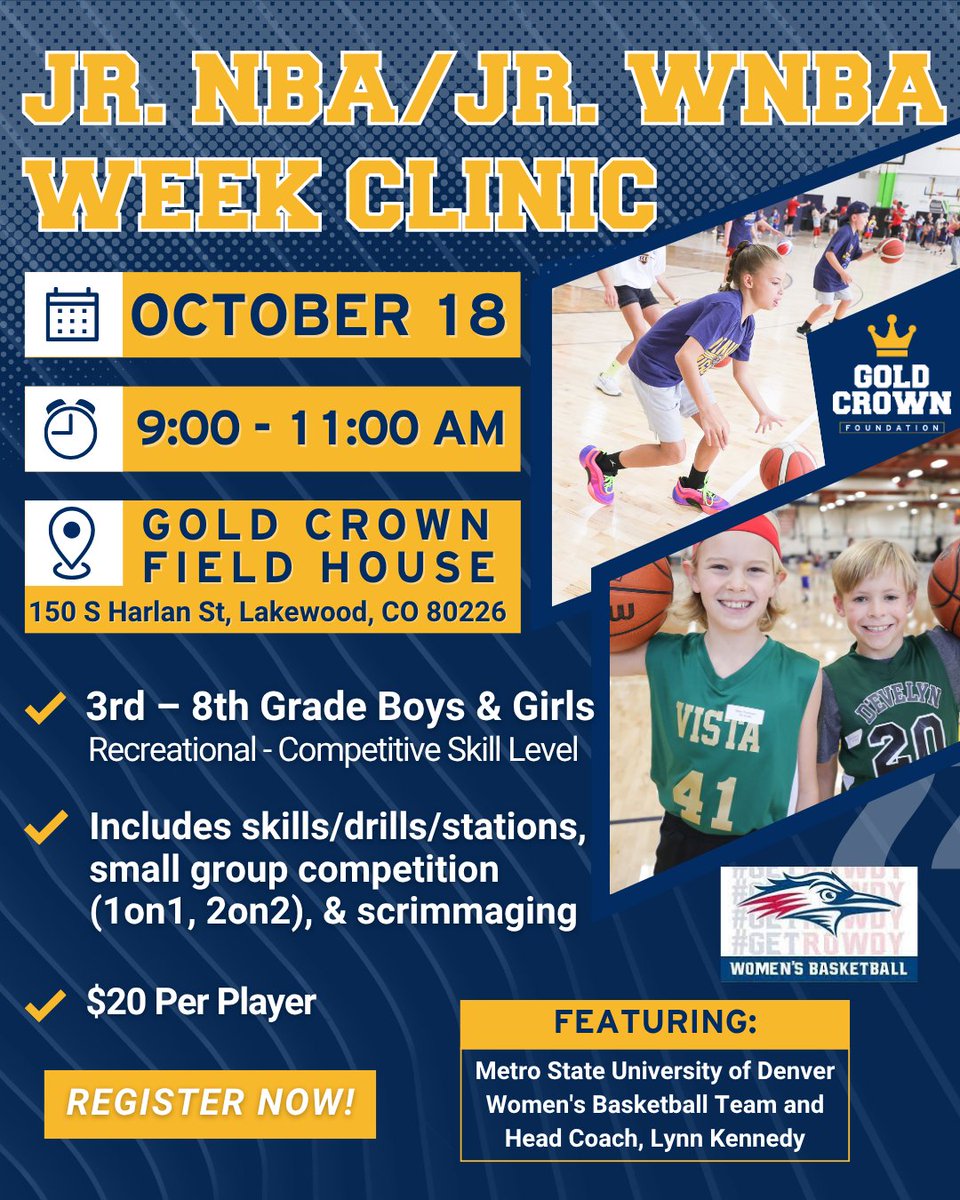 🚨 THIS SATURDAY 🚨 

🏀 Celebrate #JrNBAWeek with our seasonal skills clinic! 

Work hard, improve your game, and have fun with guest coach Lynn Kennedy &amp; the Metro State Women's Basketball Team.👑

#GoldCrownBasketball <a href="/MSUDenverWBB/">MSU Denver Women's Basketball</a> <a href="/jrnba/">Jr. NBA/Jr. WNBA</a> 

goldcrownfoundation.com/events/basketb…