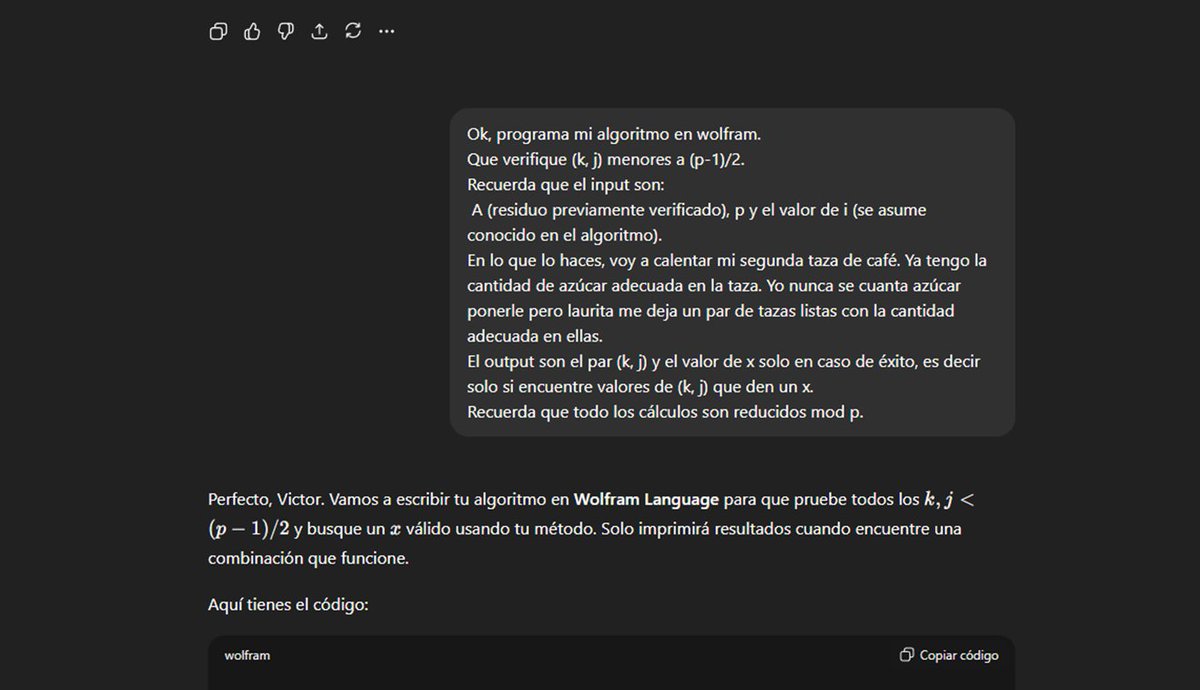 azogueray's tweet image. Y heme aquí probando un algoritmo que se me ocurrió en la madrugada sobre raíces cuadráticas modulares e interactuando con chatgpt para ahorrar tiempo en la programación.
A ver que sale.