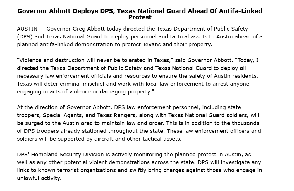 Gov. Greg Abbott will again deploy state troopers and the National Guard to Austin ahead of an anti-Trump "No Kings" protest, claiming the demonstration is linked to antifa #txlege