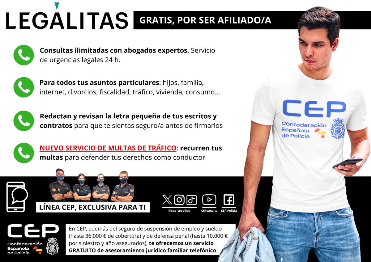 ☎️ Si eres afiliado <a href="/cep_cepolicia/">CEP</a> tienes acceso al mejor seguro de defensa penal y suspensión de empleo y sueldo, con un servicio gratuito de asistencia telefónica para asuntos particulares, incluyendo multas de tráfico.

👨🏻‍💻 Afíliate en sólo un minuto: afiliarse-cep.com