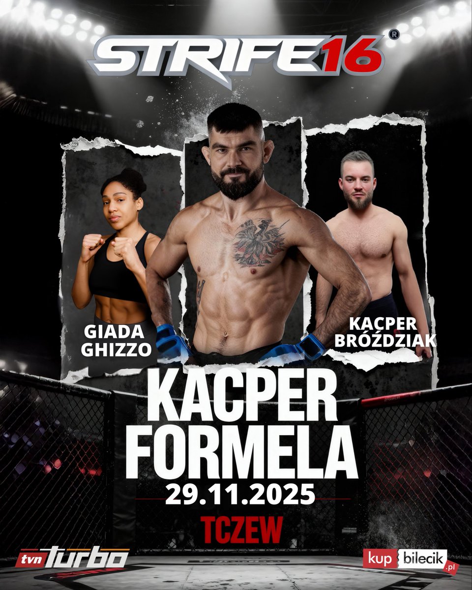 💥 BOOM! 💥

Z przytupem wjeżdżamy na pomorze! Już 29 listopada widzimy się w Tczewie, a w walce wieczoru będzie z nami Kacper Formela! 💪🏻

W pozostałych walkach Giada Ghizzo i pochodzący z Tczewa, Kacper Bróździak 🫡

‼️‼️—&gt; KTO DLA FORMELI? 🤔