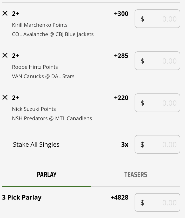 Project_Parlay_'s tweet photo. 🏒 NHL Points Parlay Ladder
1+ Points / +269 (0.5u)
• Roope Hintz — 1+ Point
• Nick Suzuki — 1+ Point
• Kirill Marchenko — 1+ Point
2+ Points / +4828 (0.25u)
• Kirill Marchenko — 2+ Points
• Roope Hintz — 2+ Points
• Nick Suzuki — 2+ Points
#NHL #PointsParlay #SportsBetting #ProjectParlay #HockeyPicks #AIBets