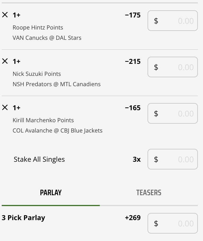 Project_Parlay_'s tweet photo. 🏒 NHL Points Parlay Ladder
1+ Points / +269 (0.5u)
• Roope Hintz — 1+ Point
• Nick Suzuki — 1+ Point
• Kirill Marchenko — 1+ Point
2+ Points / +4828 (0.25u)
• Kirill Marchenko — 2+ Points
• Roope Hintz — 2+ Points
• Nick Suzuki — 2+ Points
#NHL #PointsParlay #SportsBetting #ProjectParlay #HockeyPicks #AIBets