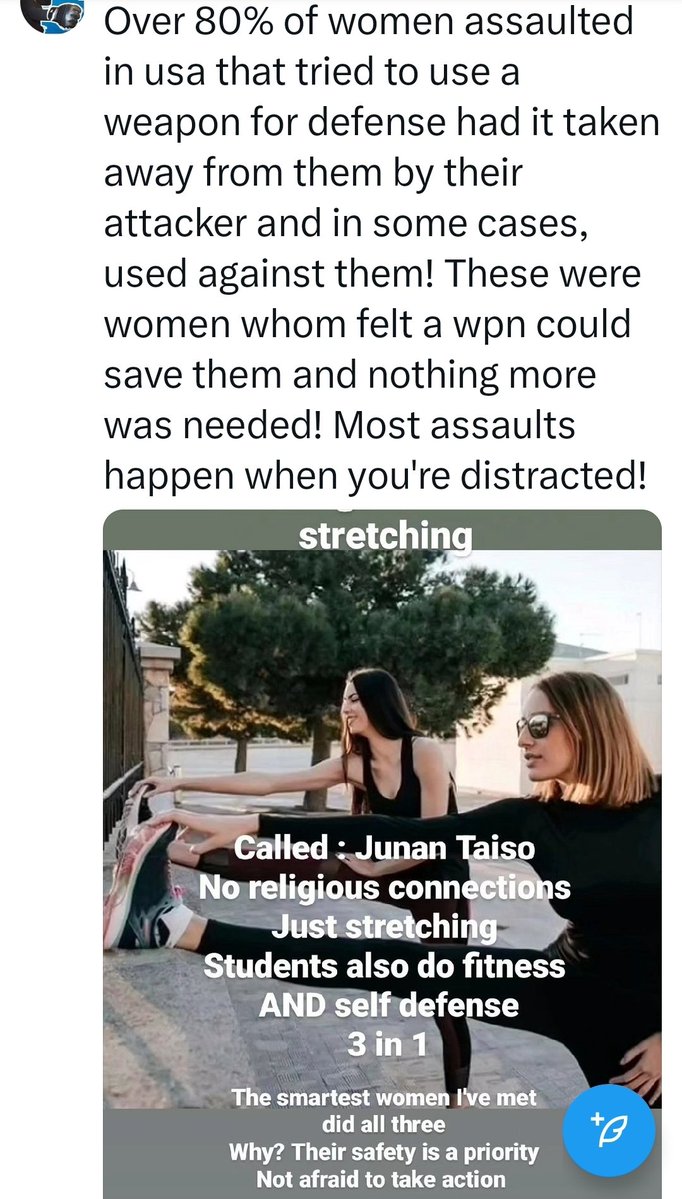 pimn_modeling's tweet image. 82% according to statistics of women who tried to use a weapon for defense In domestic situations, had their weapon taken away and used on them. Why? No martial arts skills. They THOUGHT...just the range was good enough? Nope! It's martial arts first. Not sport styles. Wpns arts
