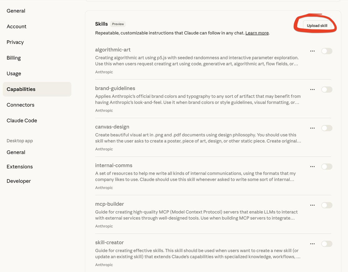 rileybrown_ai's tweet image. Claude Just Released SKILLS
You can now create folders called "Skills" and upload them to Claude to give it specialized expertise for specific tasks.
Here's what's important
- Folders containing instructions, scripts, and resources that teach Claude how to do specific things…