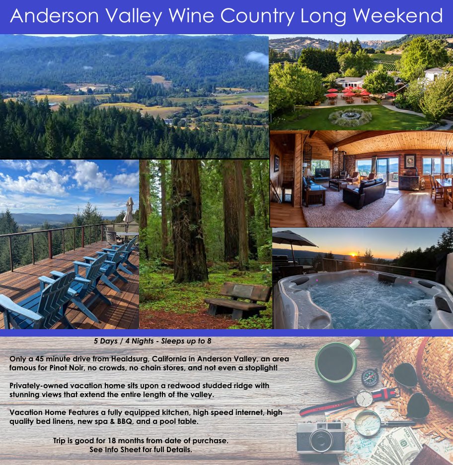 TylersHope's tweet image. 🍷 Auction Sneak Peek 🍷Bid on a 5-day Anderson Valley Wine Country getaway for up to 8 guests! 🌿✨
🏡 Private ridge-top home • Spa + BBQ • Pool table • Stunning views
Available exclusivly at our 20th Anniversary Hope Weekend 🫶
#HopeWeekend #TylersHope #DystoniaAwareness