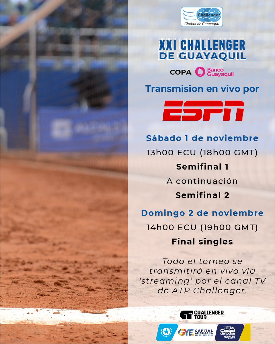 Challenger de Guayaquil (@challengye05) on Twitter photo Un año más en el que nuestro torneo se transmitirá en vivo para toda Latinoamérica por #ESPN 🙌🏻📺.
Guayaquil ratifica su condición de torneo internacional 🎾. Revisa los horarios de los partidos.👇🏻
XXI Challenger de Guayaquil Copa @bancoguayaquil auspiciado por <a href="/alcaldiagye/">Muy Ilustre Municipalidad de Guayaquil</a> Un año más en el que nuestro torneo se transmitirá en vivo para toda Latinoamérica por #ESPN 🙌🏻📺.
Guayaquil ratifica su condición de torneo internacional 🎾. Revisa los horarios de los partidos.👇🏻
XXI Challenger de Guayaquil Copa @bancoguayaquil auspiciado por <a href="/alcaldiagye/">Muy Ilustre Municipalidad de Guayaquil</a>