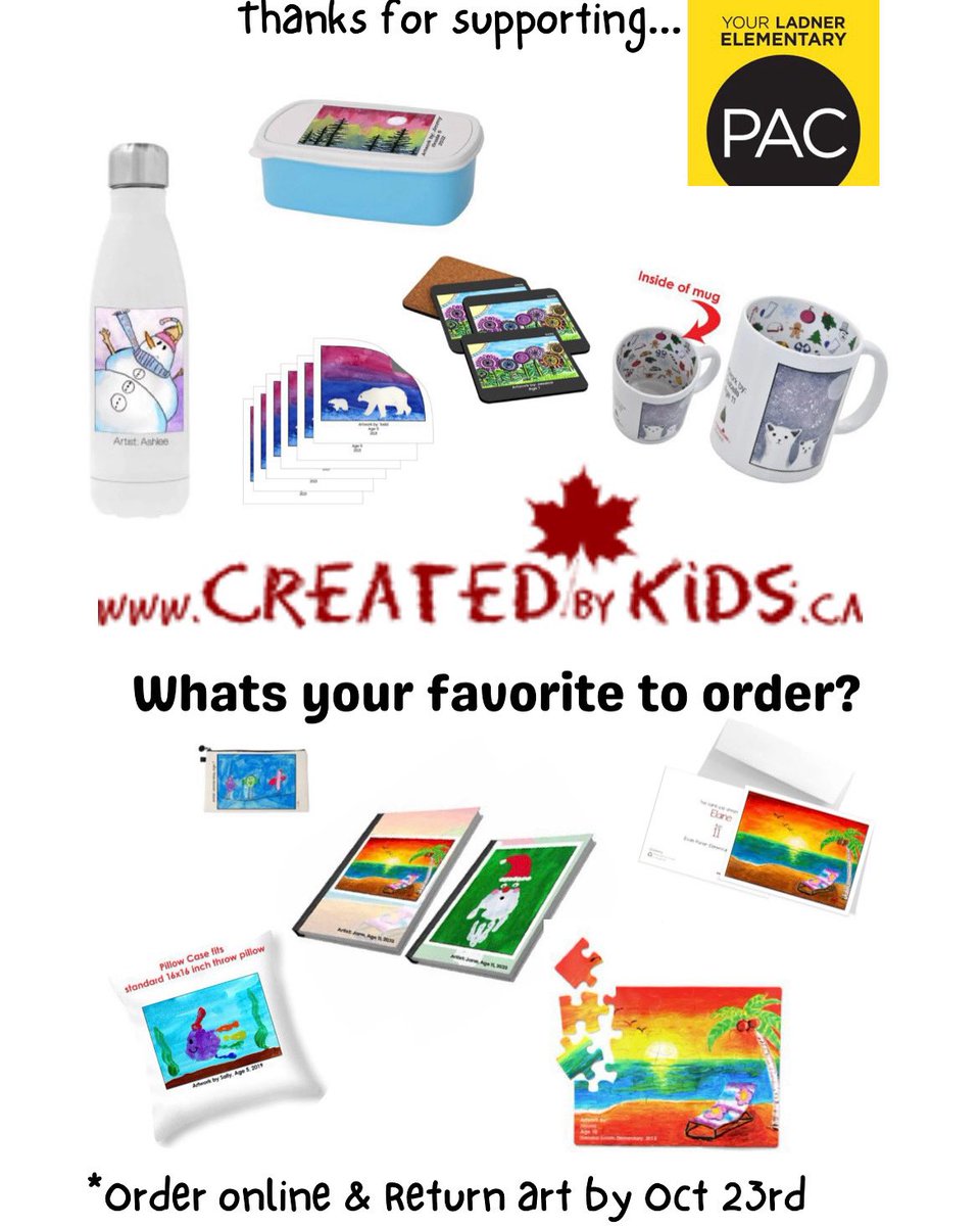 💻Go online createdbykids.ca with access code LADN2025 place your order. Make sure to send the artwork in or the company can’t create your items!*hint* kids like to see their artwork on things &amp; grandparents love this stuff too so ask around!

Send in by Wed Oct 22! ⏳