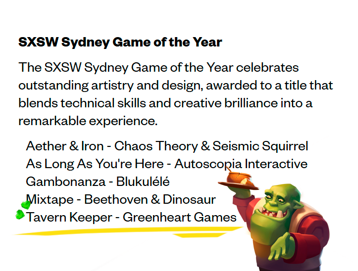 TavernKeeper's tweet photo. “awarded to a title that blends technical skills and creative brilliance into a remarkable experience.” 🥹 

WE'RE IN THE SHORTLIST FOR SXSW SYDNEY GAME OF THE YEAR 🤯💚 https://t.co/FV9dJE2EZw
