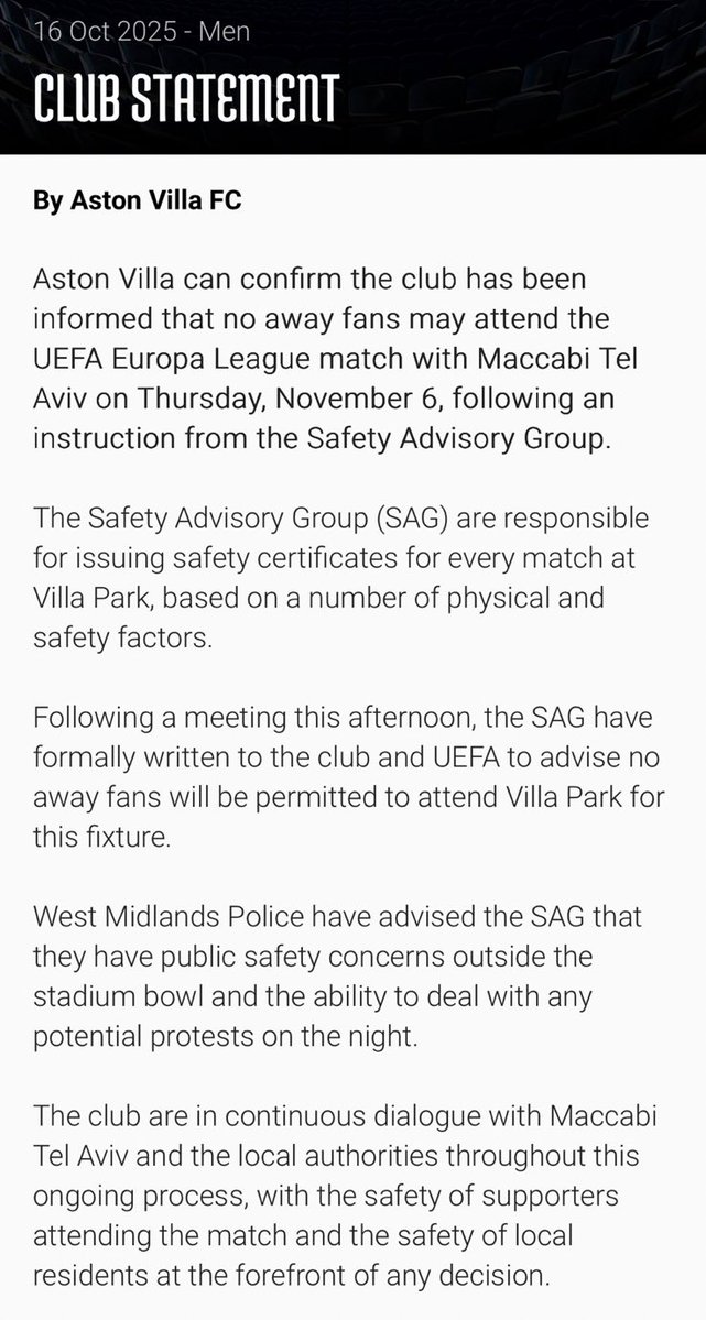 ArchRose90's tweet image. This is completely pathetic. 

Since Villa Park aren’t confident that Away fans from Israel will be kept safe, they’ve banned them from the stadium instead.

Multiculturalism in Britain now means removing the victims instead of the culprits.

Shame on you @AVFCOfficial