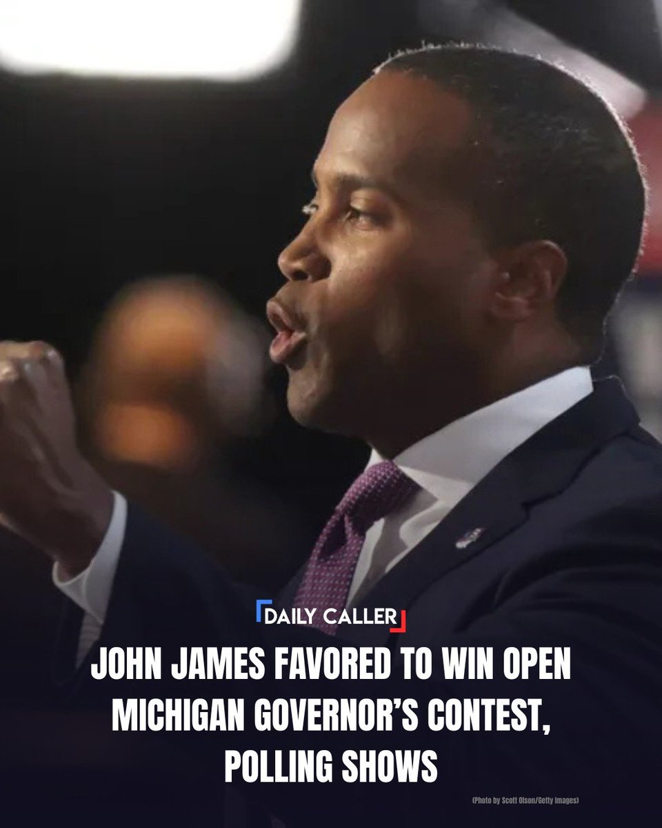DailyCaller's tweet photo. 🚨 Michigan Rep. John James is the best-positioned Republican candidate to flip Michigan’s governorship red in the 2026 contest, according to new polling. https://t.co/xr5p2U65cA