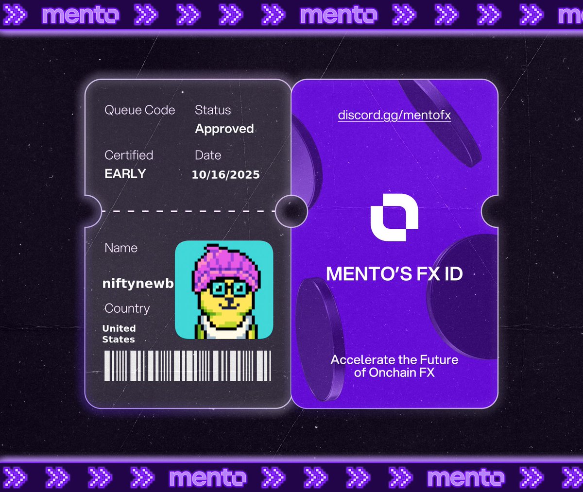 Licensed to trade the internet’s FX layer. 

Claimed my FX ID on discord.gg/mentofx 

 every currency, onchain with <a href="/MentoLabs/">Mento (fx/acc)</a>