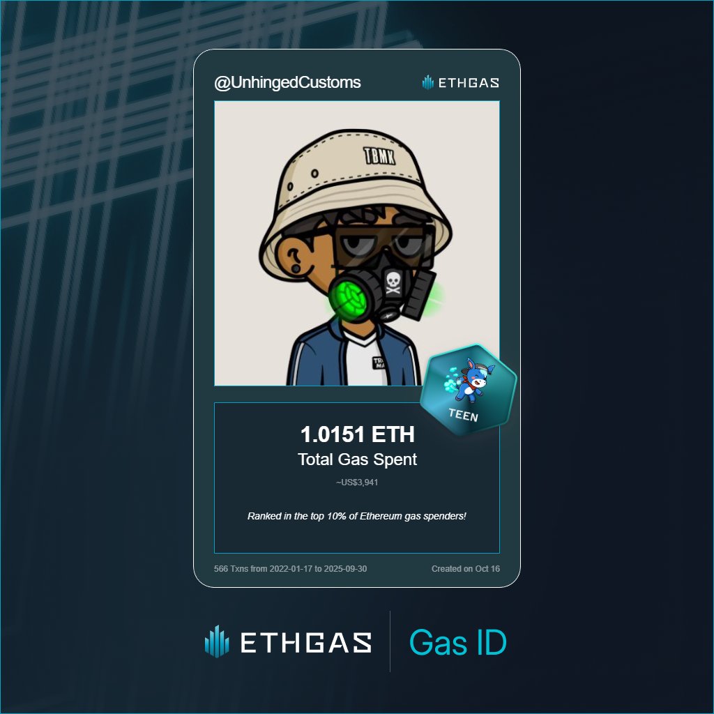 Discovered my Gas ID via ETHGas!!  

As a Teen Jack, I've spent 1.0151 ETH on gas but earned 490 Beans back. Sheesh!! 

Find yours here👇
 ethgas.com/community/gas-…