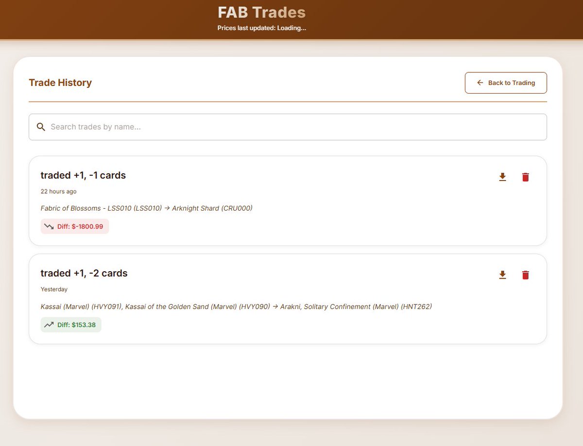 FABTradesApp's tweet image. Just added Discord login and persistent trade history to fabtrades.net

Never lose track of all of your trades again!
#fabtcg