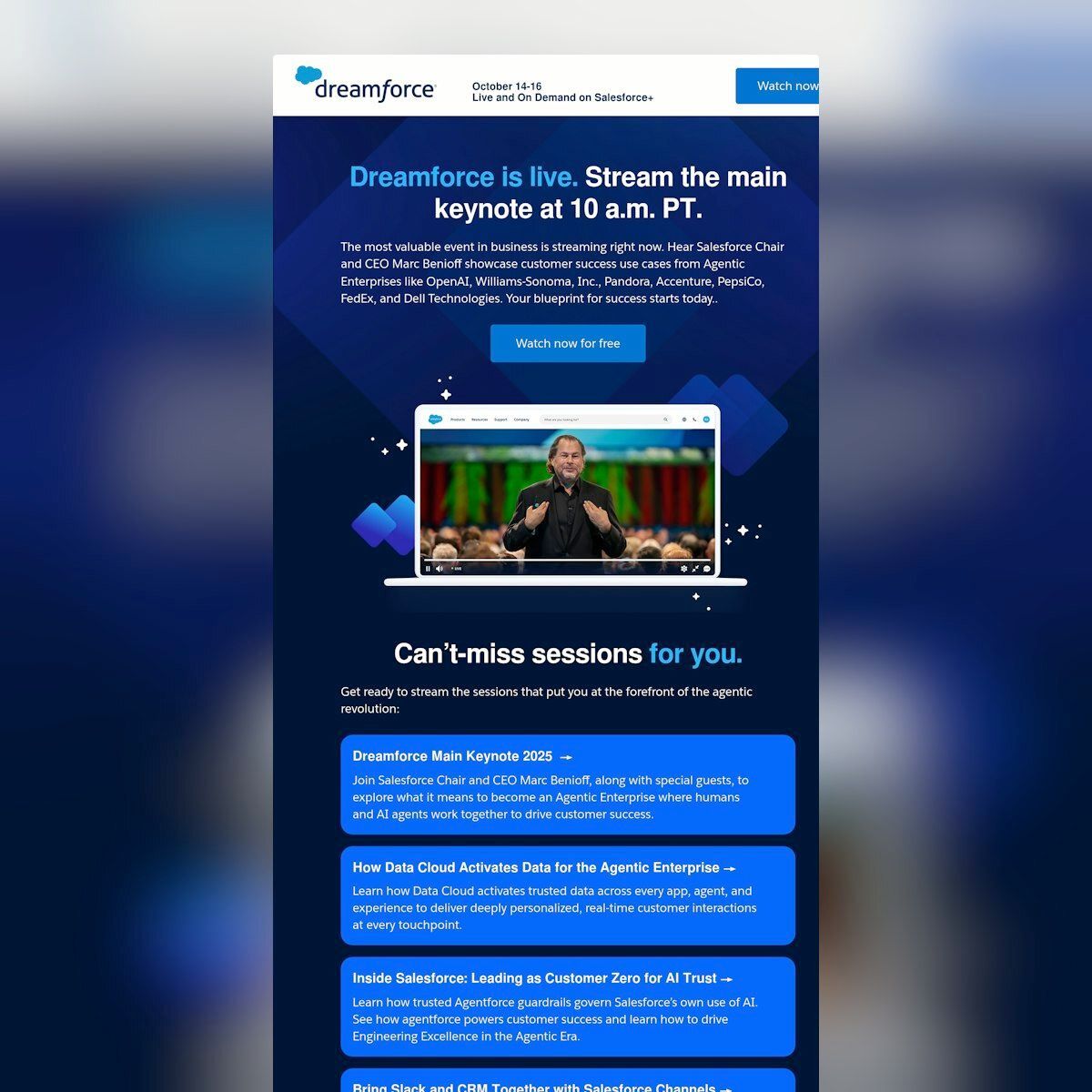 emaillove's tweet image. Excited for the upcoming event! 🎉 Salesforce nails it with a clever modular design, using rounded containers and alternating colors for easy scanning. Keeps the agenda organized and digestible, without the overwhelming scroll. #EventDesign #ScannableSections