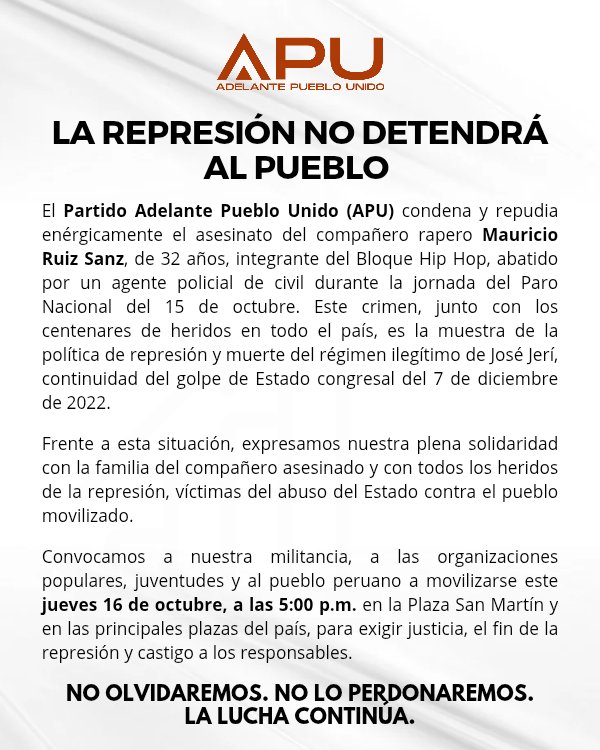 APUnacional's tweet image. ✊🏽 No olvidamos, no perdonamos.
El compañero Mauricio Ruiz fue asesinado por un policía de civil durante el Paro Nacional.

📍 Hoy, 5:00 p.m. — Plaza San Martín y plazas del país.

 #APU