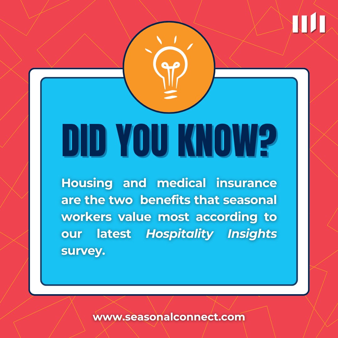 Housing &amp; medical insurance top the list of most-valued benefits among seasonal workers, according to our latest survey.
Our members receive in-depth data &amp; trends like this every other month, helping you make more informed staffing decisions.

#HospitalityInsights #HR #H2B