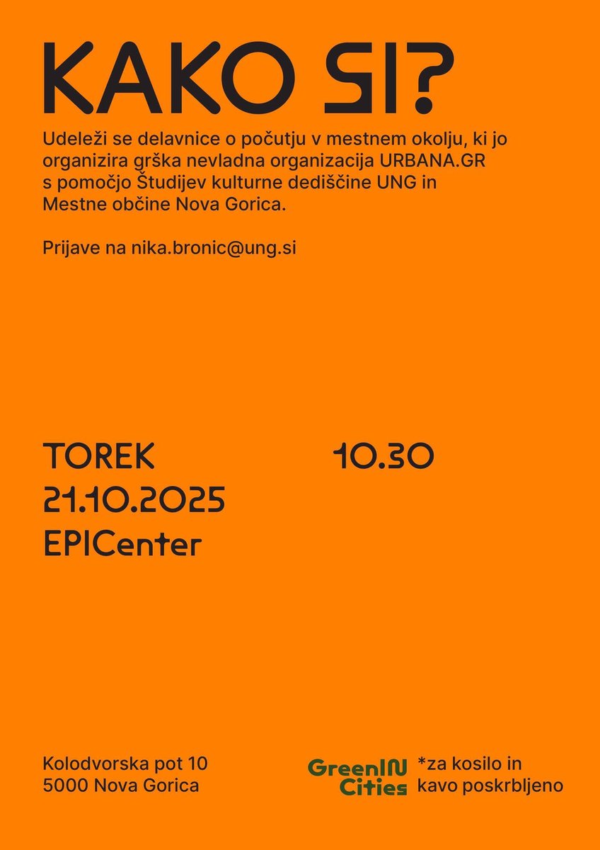 Lepo vabljeni na delavnico o počutju v mestnem okolju!

🗓 Torek, 21. 10. 2025
🕥 ob 10.30
📍 EPICenter, Nova Gorica

Prijave in dodatne informacije: nika.bronic@ung.si

#univerzavnovigorici
#universityofnovagorica
