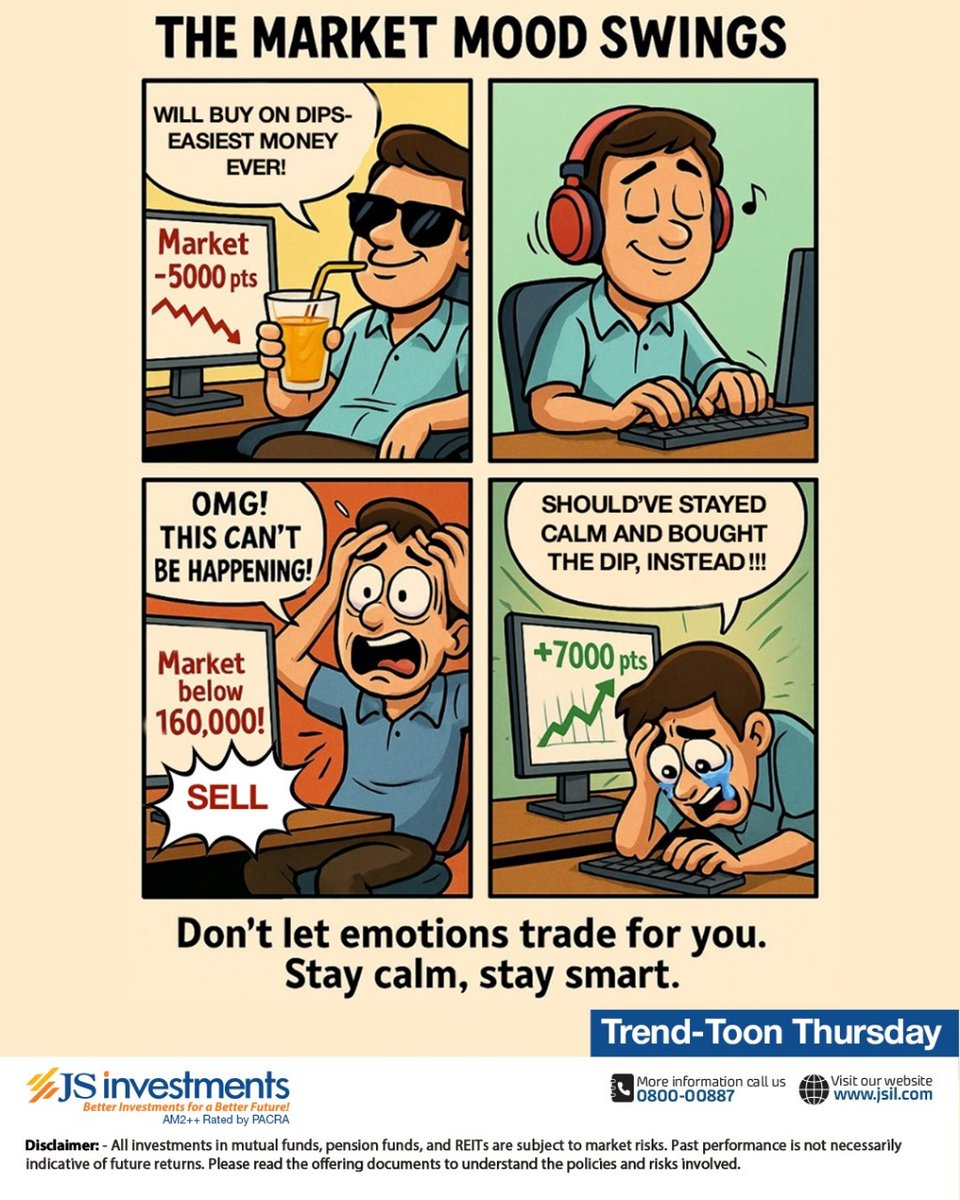 JSInvestment's tweet photo. When every red candle feels like heartbreak and every green one feels like victory — you’re not investing, you’re reacting.
Let the professionals handle the volatility,
while you focus on what truly matters: long-term growth.
#JSInvestments #ThursdayToon #InvestSmart #FinancialDiscipline #Volatility #PSX