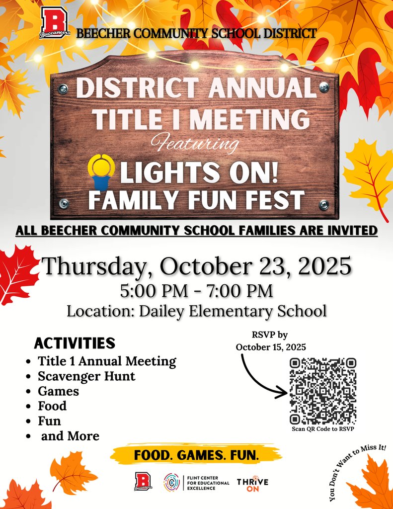 Cue the Confetti!
Beecher Community School District invites all parents to our District Annual Title 1 Meeting
featuring: Lights On! Family Fun Fest
This meeting serves as a crucial step in building the partnership between families and schools.