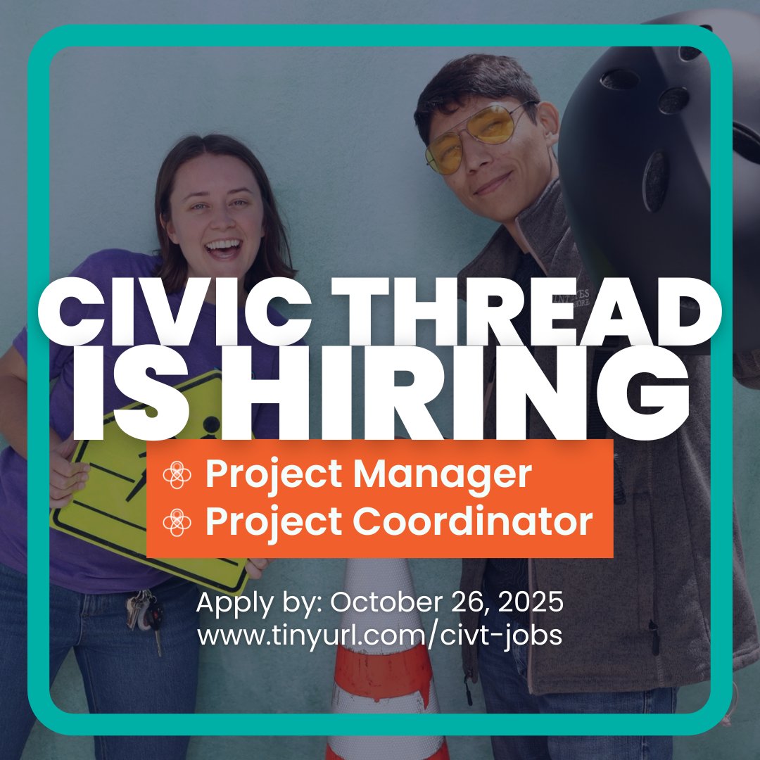 CivicThread's tweet image. 📣 We’re hiring! Civic Thread is searching for a Project Manager and a Project Coordinator to join the team and help co-create healthier, more connected communities across the Greater Sacramento Region! To read more about our openings, visit: tinyurl.com/civt-jobs