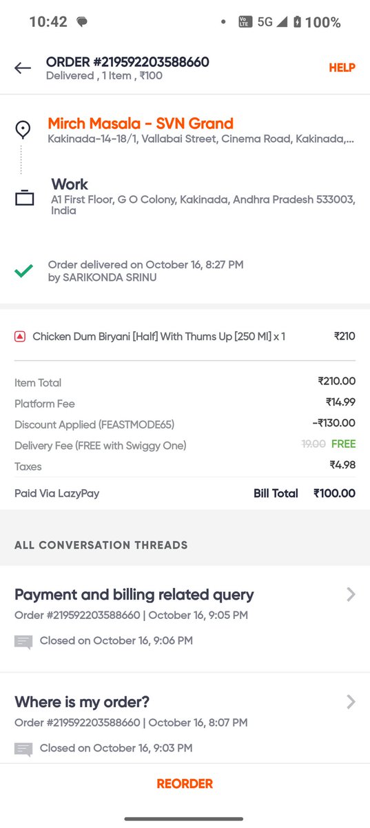 rcmr_89's tweet photo. Tax chori. In app Swiggy is charging 15 as platform fee and when invoice requested they are showing it as discounted. What an idea to loot consumer and govt. What a way to escape 18% gst. @FinMinIndia @jagograhakjago @Swiggy @zomato 
Kindly request government to regulate this. https://t.co/rUbNGR0plQ