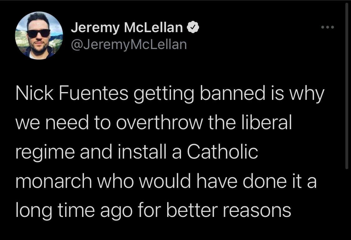 FeelsGuy2003's tweet photo. First, if you’re here to just accuse my comments of “running cover” or accuse me of lacking integrity for defending a friend, pound sand.

Similar to what Classical Theist said, I do disagree with Nick here and think this segment could’ve been put much much better. But considering that Nick has been what I would consider to be a loyal friend to me and I’ve witnessed his piety firsthand, I don’t think he intended to insult devotions or any element of the Catholic life. Nick’s frustration with some Catholics was borne out of the very difficult early days of America First, where some Catholics like the tweet posted below ⬇️ would insult him and use their outward expressions of piety as stones to be thrown at him if he didn’t express what they considered to be a perfect knowledge of Catholic culture they found to be sufficient. This would result in them making unjust accusations and even wishing harm upon Nick despite him regularly defending Christ and His Church on his show, much to the anger of some dissident right groups. I can sympathize with enduring this kind of malicious treatment. I had so-called Catholic “brothers” accuse me of getting myself deliberately cancelled to make money or repeat the disgusting lie that I was unemployed since January. This treatment made me quite bitter considering I had people wanting to kill me, so I could only imagine how Nick felt being treated 100 times worse than anything I went through. In light of this clip, I would love to invite Nick, myself, as well as all of you to discover the vibrancy and beauty of exploring the Catholic devotional life, so that we may experience the beauty that only Christ can give. Devotions hold untold riches of grace that profoundly transform our lives, and I would love for all of my friends to experience this deep love that God wants to give them.