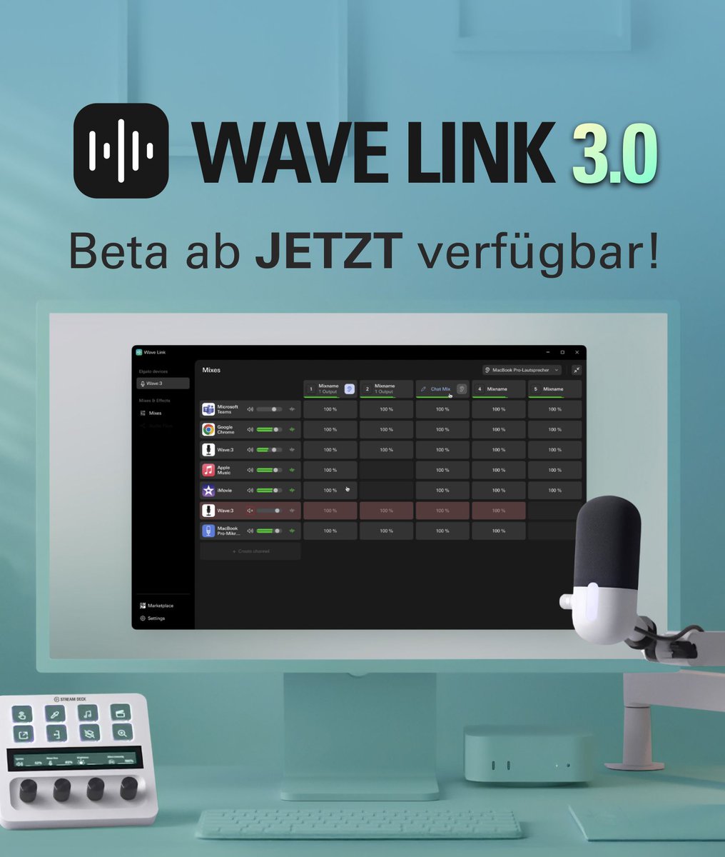 Wir präsentieren: Wave Link 3.0 Beta

✨ Komplett neu gestaltete Oberfläche
🔀 Routing-Table
🎙️ Erweiterte Eingänge
5⃣ Fünf Ausgangs-Mixe
🔊 Audioeffekte
🆓 Kostenlos für alle 

Hol dir die Beta: e.lga.to/beta