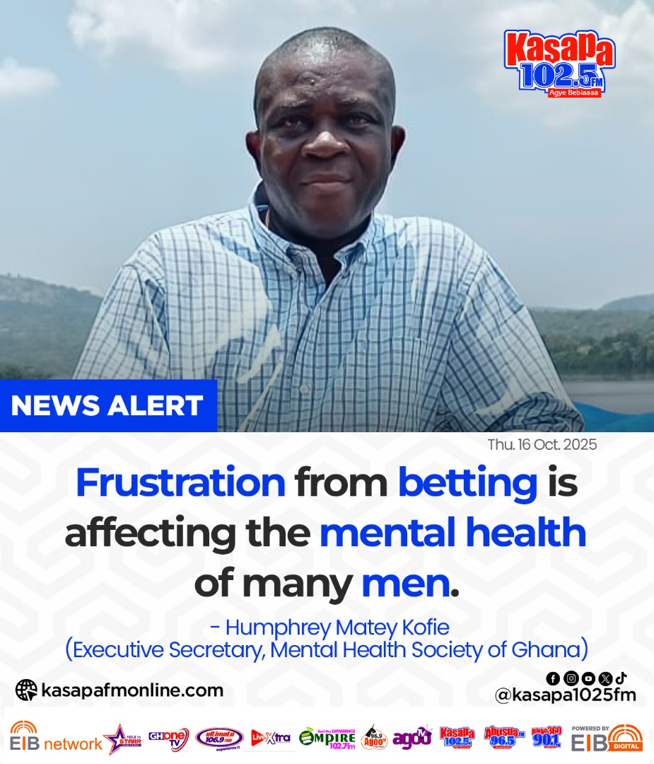 ghonetv's tweet photo. Frustration from betting is affecting the mental health of... - Humphrey Matey Kofie (Executive Secretary, Mental Health Society of Ghana)

#GHOneNews #EIBNetwork
#GHOneTV #NewsAlert
#KasapaFM https://t.co/a4Ck062QX5