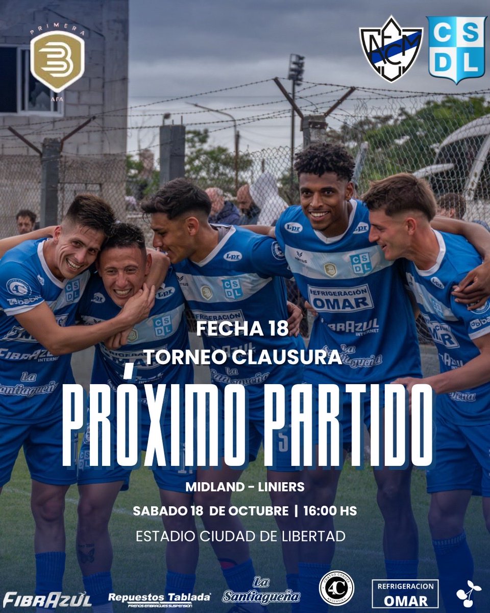¡Se viene la fecha 18 del CLAUSURAAAAAAA! 🛡️⚔️

🔜 Próximo partido
🆚 Midland
📅 18 de Octubre
🕔 16:00 hs 
🏟 Estadio Ciudad de Libertad  

Transmiten por 📻 Topadora, Fuego y Pasion 

topadorafuegoypasion.com.ar

 #VamosLiniers #PrimeraB #FútbolArgentino #liniers