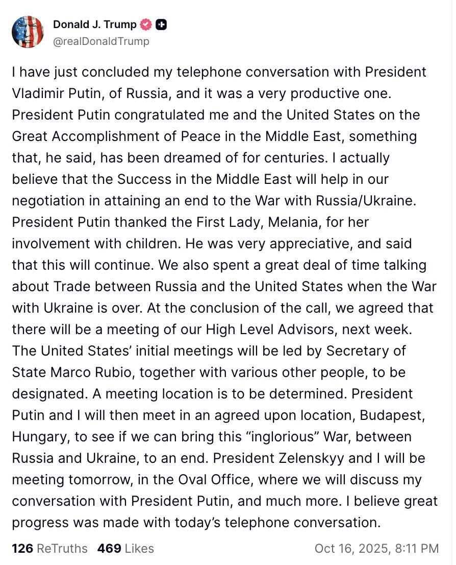 nexta_tv's tweet image. 🔴 BREAKING: TRUMP KEPT PUTIN ON THE LINE FOR OVER TWO HOURS — THEY WILL MEET IN BUDAPEST SOON
The U.S. president wrote in his social network about the rather ambiguous outcome of his phone call with the Russian dictator:
"I just concluded a very productive call with President…