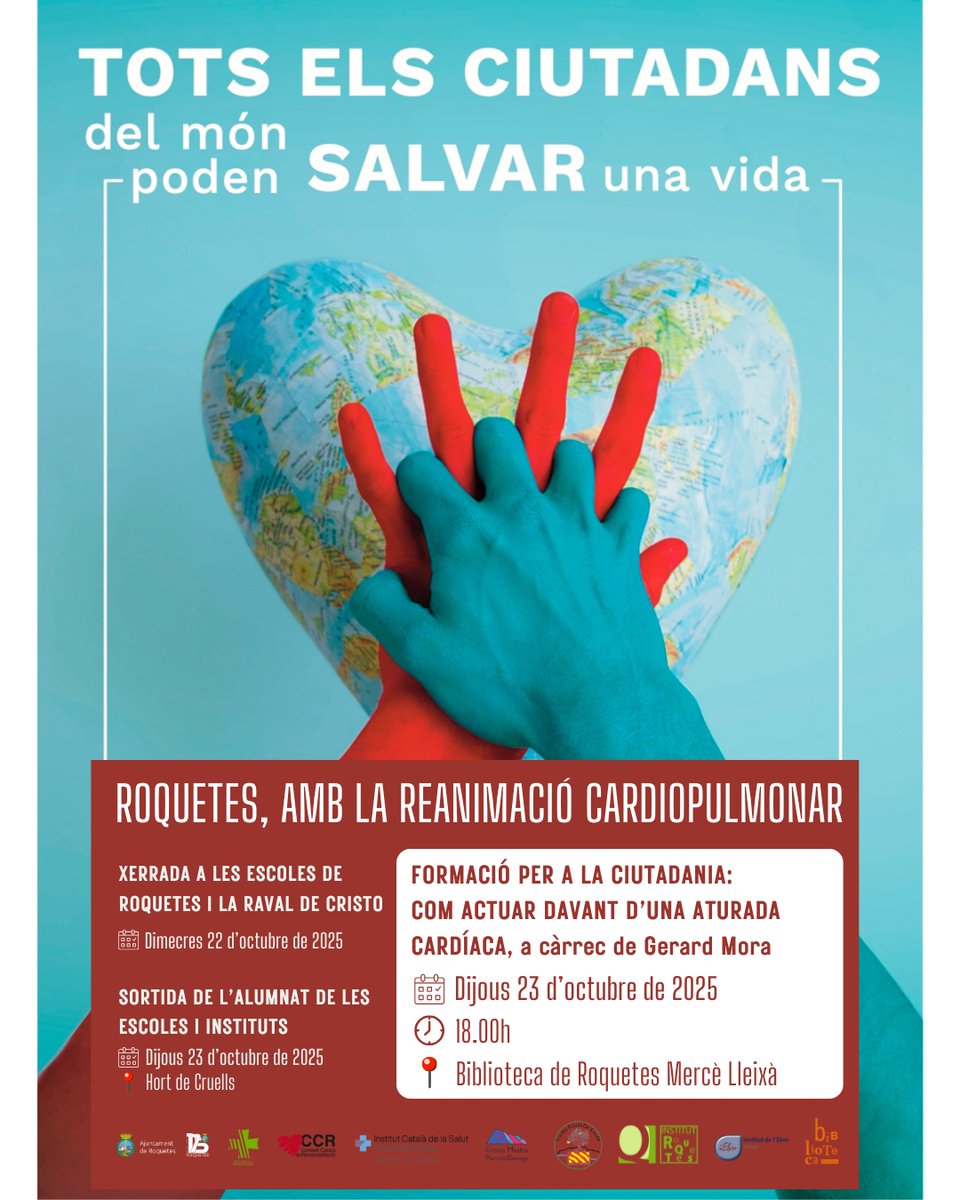 👐🏼 UNA TÈCNICA QUE SALVA VIDES

❤️ #Roquetes se suma al Dia Mundial de la #ReanimacióCardiopulmonar

🗣️ 'Com actuar davant d'una aturada cardíaca'
👉🏼 Sessió oberta al públic sobre l'ús dels #DEA 

📆 Dijous 2⃣3⃣ octubre
⏰ 18.00h
📍 <a href="/BiblioRoquetes/">Biblioteca Roquetes</a>

ℹ️: roquetes.cat/web/roquetes-s…